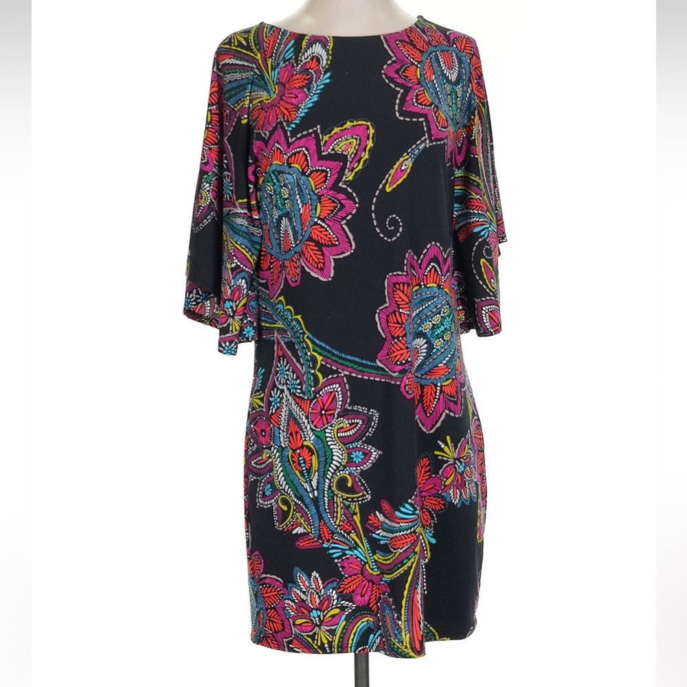 Trina Turk Black Dress with Pink, Teal and Yellow Floral Print